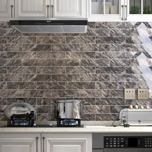 AULIGET 40-Piece Polished Brown Peel and Stick Backsplash Wall Tiles, 3" x 12" PVC Faux Stone Stick on Tiles for Backsplash Kitchen, Bathroom, Laundry Room, Camper, Fireplace - color: Polished Brown, size: 40 Pieces, 3"x12"x0.12"
