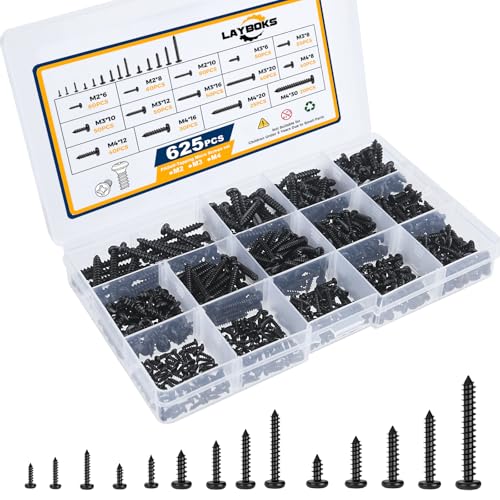 625 Pcs 14 Size Small Self Tapping Screws for Plastic and Metal, M2,M3,M4 Phillips Pan Head Small Screws,Black Carbon Steel Cross Recessed Round Head Self Tapper Screws Assortment Kit - color: Black 625 Pcs M2,M3,M4 Phillips Pan Head Screws