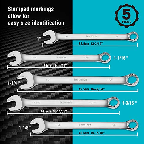 DURATECH Long Pattern Combination Wrench Set, SAE, 5-Piece, 1" to 1-1/4", 12 Point, CR-V Steel, with Rolling Pouch - size: SAE(1" to 1-1/4")