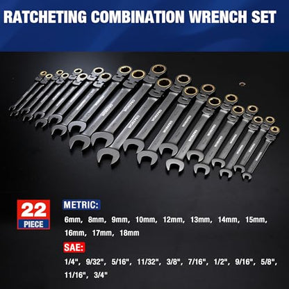 WORKPRO 22-Piece Ratcheting Wrench Set, Flex-Head & Nickel Plating - style: Flex-head & Nickel Plating