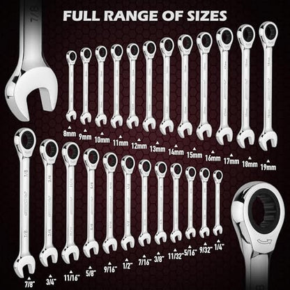 Premium 24-Piece Ratcheting Wrench Set, SAE & Metric Combination Wrenches, 8-19mm / 1/4"-7/8", 72-Tooth Ratchet Spanners, Chrome Vanadium Steel with Roll-Up Pouch for Mechanics - color: 24-pc Ratcheting (Chrome Finish)
