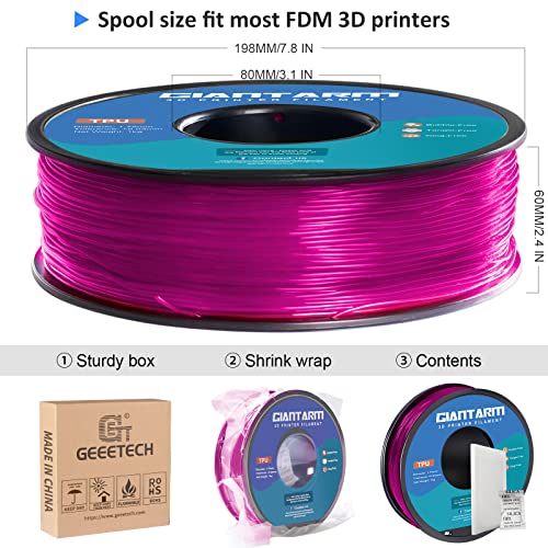GIANTARM 95A TPU 3D Printer Filament 1.75mm, 1kg, Clear Pink, +/- 0.03mm - color: Tpu-pink