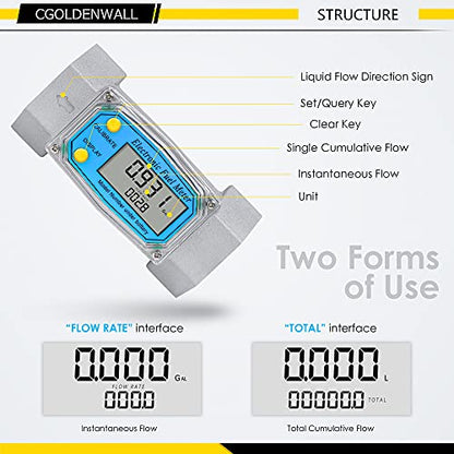 CGOLDENWALL Turbine Flow Meter LCD Digital Display Flowmeter with 1.5" Inlet/Outlet, Gas Oil Fuel Flowmeter for Diesel, Kerosene, Gasoline 10.6-74 GPM (40-280 LPM) - color: 1.5 inch