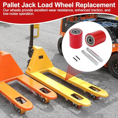 Two Packs of Pallet Jack/Truck Wheels 3” x 3.75” PU Poly Tread, 20mm ID Bearings, Full Set with Axles, Pins and Entry Exit Roller - color: Red