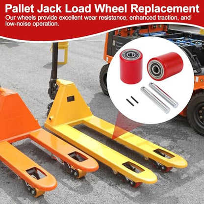 Two Packs of Pallet Jack/Truck Wheels 3” x 3.75” PU Poly Tread, 20mm ID Bearings, Full Set with Axles, Pins and Entry Exit Roller - color: Red