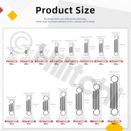 Hilitchi 96Pcs 15 Sizes Extension Spring Assortment Kit Extension Spring Stainless Steel Springs Assorted Size Small Springs Compression Tension Springs for Repairs Maintenance