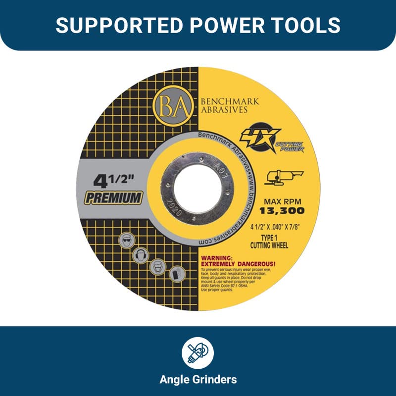 Benchmark Abrasives 4-1/2 Inch Ceramic Thin Type 1 Grinder Cut Off Wheels, .040" Thick 7/8" Arbor, for Metal, Stainless Steel, 4X Cutting Wheels, Angle Grinder Cutting Disc - 25 Count