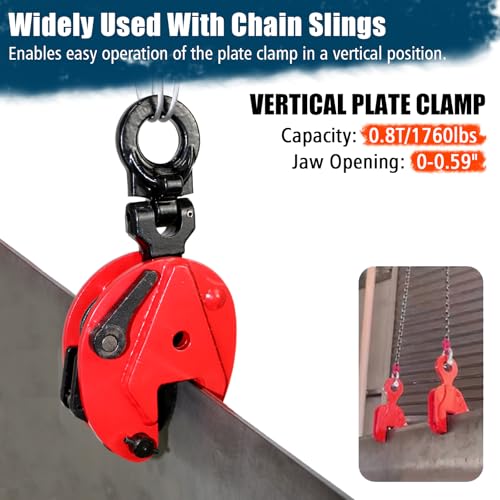 Vertical Plate Lifting Clamp,1760lbs Capacity Heavy Duty Steel Plate Clamp 0.8T with 0.8 Inch Jaw Opening, Industrial Lifting Clamp for Sheet Metal and Steel Plate Handling - color: 1760lbs-vertical - Rotating Ring