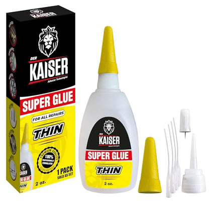 Der Kaiser Thin CA Super Glue (2 oz) – Industrial Grade Cyanoacrylate – 5-10 Sec Cure – Pro Kit with Microtips & Applicators – Wood, Plastic, Metal, Hobby Models, Woodworking, DIY – 2,500-3,500 PSI - size: 2 oz