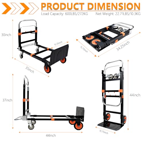 SST 600 LB Heavy Duty 3 in 1 Tool Free Folding Hand Truck Dolly Cart, Upgraded Foldable Luggage Cart with Wheels & Bungee Cords for Moving Travel Home Office, Car Seat Appliance Collapsible Commercial - color: Orange Black