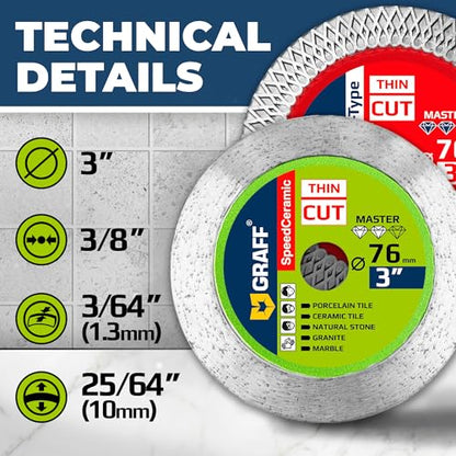 3 Inch Tile Blade for Grinder 3/8 Arbor – Super Thin Diamond Saw Blade for Smooth Cutting Porcelain Ceramic Granite Marble Tile – Diamond Cutting Wheel for Hard Tile GRAFF (2 Pack) - size: SET 3 Inch (76 mm)