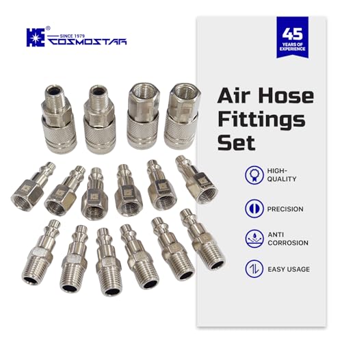 Cosmostar 16-Piece Air Hose Fittings Set | 1/4" NPT Quick Connect Air Coupler & Plug Kit | Industrial Swivel Air Tool Fittings & Compressor Accessories | Universal Auto Shop Air Compressor Adapter