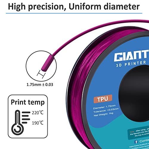 GIANTARM 95A TPU 3D Printer Filament 1.75mm, 1kg, Clear Pink, +/- 0.03mm - color: Tpu-pink