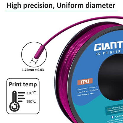 GIANTARM 95A TPU 3D Printer Filament 1.75mm, 1kg, Clear Pink, +/- 0.03mm - color: Tpu-pink