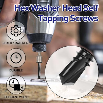 #12 x 1-1/2" Hex Washer Head Self Tapping Screws, TEK Screws, Self Drilling, Stainless Steel 410 Sheet Metal Screws, Black Finish, 50 PCS - color: Black, size: #12 x 1-1/2"