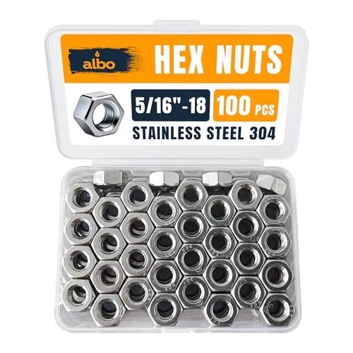 ALBO 100 PCS 5/16-18 Hex Nuts – Stainless Steel 304 SAE Nuts Set in Reusable Box – Hardware for Automotive & DIY – 5/16 Nut, SAE Nut Assortment - size: 5/16"-18, 100pcs