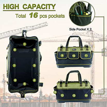 17in Tool Bag For Men Heavy Duty with Waterproof Molded Base, High Capacity Wide Mouth Tote, Construction Worker Electricians Tool Bags, Large Tool Bag Organizer for Men Women Tool Tote - size: 17in tool bag