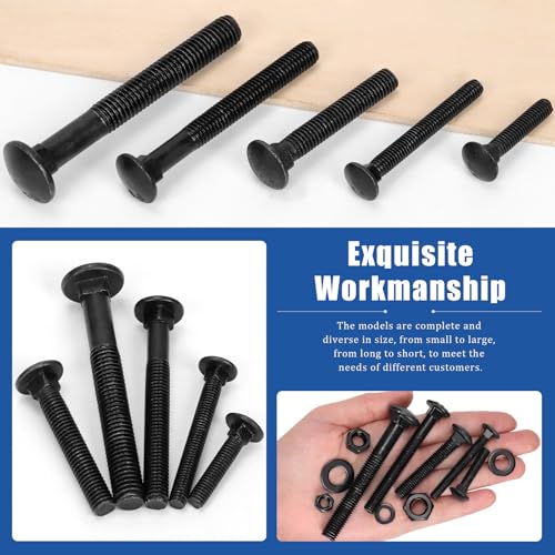 Glarks 60pcs M6 M8 M10 Carriage Bolts Screws, Round Head Square Neck Bolts, Square Neck Carriage Bolts Screws with Nuts and Washers for Machinery Industry - color: Black