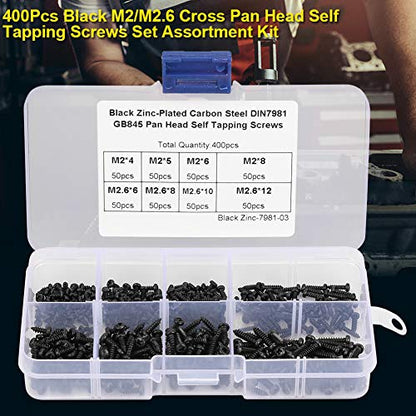 400Pcs M2/M2.6 Self Tapping Screws for Plastic, Stainless Steel Black Cross Self Tapping Screw with Box, Cross Pan Head Screws Set for Plastics, Wood, Soft Metals