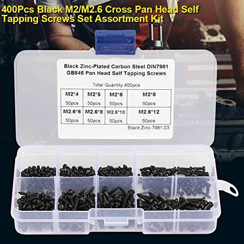 400Pcs M2/M2.6 Self Tapping Screws for Plastic, Stainless Steel Black Cross Self Tapping Screw with Box, Cross Pan Head Screws Set for Plastics, Wood, Soft Metals