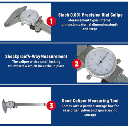 waltyotur 6 Inch 0.001 Precision Dial Caliper 4-Way Measurement