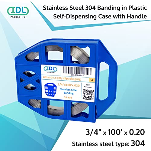 IDL Packaging 3/4" x 100' x .020" Stainless Steel 304 Banding in Plastic Self-Dispensed Case - Salts, Chemicals, UV Rays, and Extreme Temperatures Resistant Banding with High Break Strength - size: 3/4" x 100' x 0.020", style: 304 stainless steel