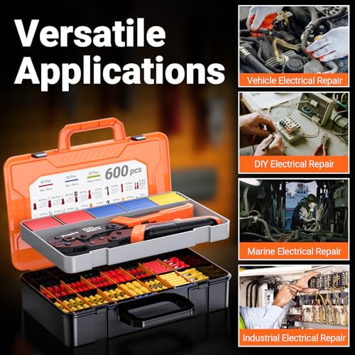 Preciva Crimping Tool with 490PCS Insulated Terminals and 110 Heat Shrink Tubes, AWG 20-10 Ratchet Crimping Pliers with Storage Case for Car, Electric