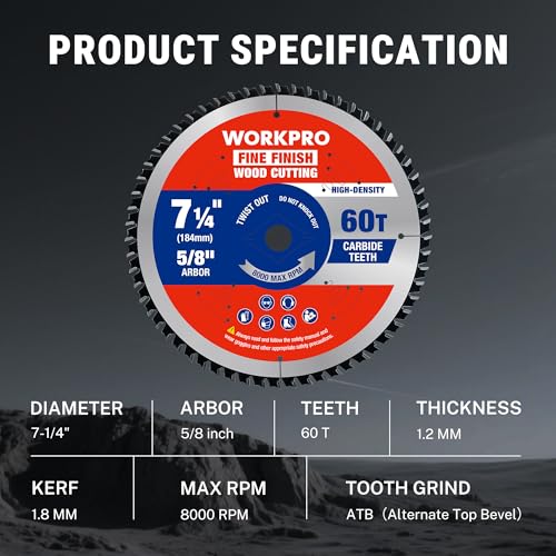 WORKPRO 7-1/4" Circular Saw Blade, 60T Fine Finish Wood Cutting - size: 7-1/4 INCH