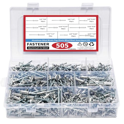 Aluminum Pop Rivets Assortment Kit Blind Rivets for Metal, Furniture, Automotive, Instrument 505 Set