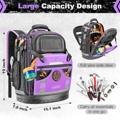 Tool Backpack Bag, Electrician Tool Bag 78-Pockets & Loops Tools Bag HVAC Tool Bags for Men, Heavy Duty Storage Construction tools Backpack (style1-Purple) - color: Purple