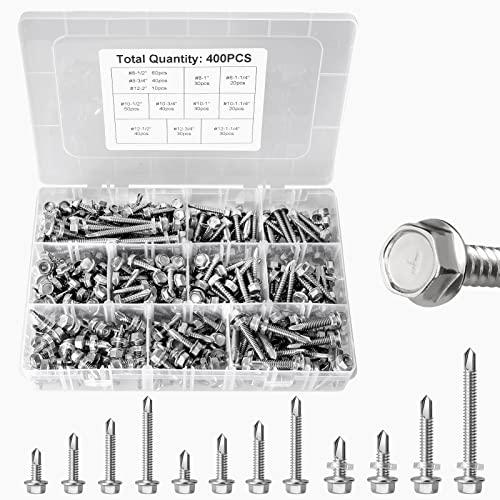 #8#10#12 Hex Washer Head Self Drilling Tek Screw Assortment Kit, 400PCS Stainless Steel Self Tapping Screws for Metal, Hakkin Sheet Metal Tek Screws with Rubber Washer, Length 1/2" to 2" - size: A #8#10#12 Hex Washer Head Silver (400pcs)