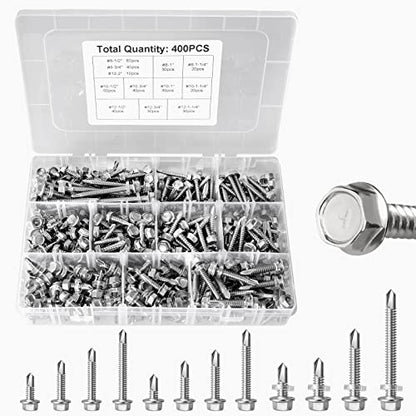 #8#10#12 Hex Washer Head Self Drilling Tek Screw Assortment Kit, 400PCS Stainless Steel Self Tapping Screws for Metal, Hakkin Sheet Metal Tek Screws with Rubber Washer, Length 1/2" to 2" - size: A #8#10#12 Hex Washer Head Silver (400pcs)
