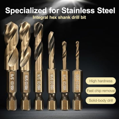 M35 Cobalt Stubby Drill Bits, 6Pcs 1/4" Hex Shank Short Metal Drill Bits