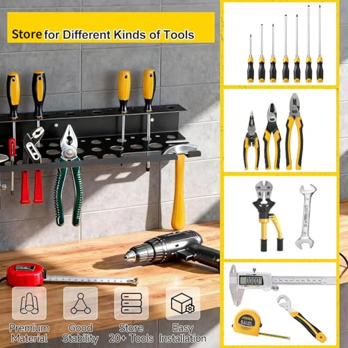 Metal Screwdriver Organizer, 15.75inch Utility Wall Mount Tool Organizer for Screwdrivers Pliers Holder with 35 Holes, Hand Tool Storage Rack for Workbench, Garage, Warehouse (Black, 2 Layers) - color: Without Charging Station, size: 2 Layers,35 Holes