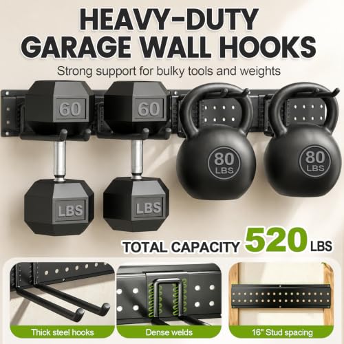 Garage Tool Organizer Wall Mount, 66 Inch Heavy Duty Garage Organization System with 13 Adjustable Hooks, Garden Tool Storage Rack for Garage, Yard & Shed, Holds Up to 520 lbs - size: 66" | 4 Panels + 13 Hooks