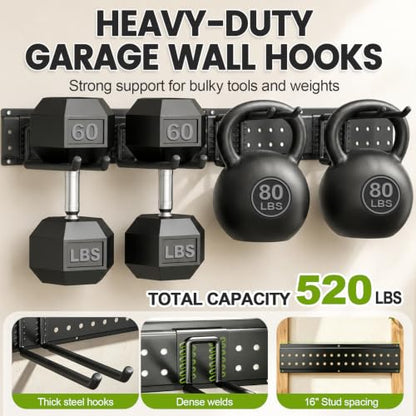 Garage Tool Organizer Wall Mount, 66 Inch Heavy Duty Garage Organization System with 13 Adjustable Hooks, Garden Tool Storage Rack for Garage, Yard & Shed, Holds Up to 520 lbs - size: 66" | 4 Panels + 13 Hooks