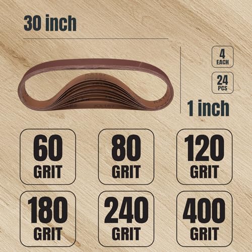 POWERTEC 24PK 1 x 30 Inch Sanding Belts, 4 Each of 60/80/120/180/240/400 Grits and 50PK 5" PSA Sanding Discs, 10 Each of 60/80/100/120/240 Grits, Aluminum Oxide Sandpaper for WEN 6515T (11127-4)