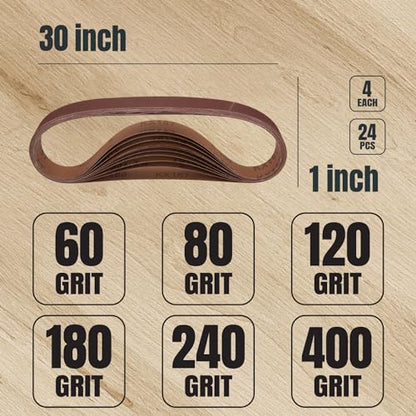 POWERTEC 24PK 1 x 30 Inch Sanding Belts, 4 Each of 60/80/120/180/240/400 Grits and 50PK 5" PSA Sanding Discs, 10 Each of 60/80/100/120/240 Grits, Aluminum Oxide Sandpaper for WEN 6515T (11127-4)