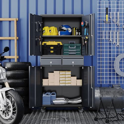 Reemoon 71-Inch Garage Storage Cabinet with 2 Drawers and Pegboards - color: Black-dark Grey, size: 15"D x 30.1"W x 71"H