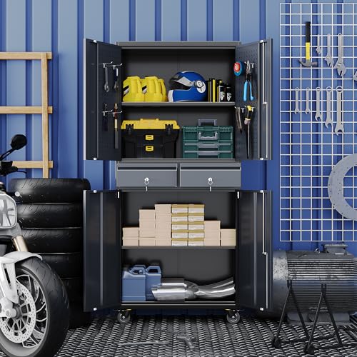 71" Metal Garage Storage Cabinet with 2 Drawers and Wheels - color: Black-dark Gray, size: 16"D x 30"W x 71"H