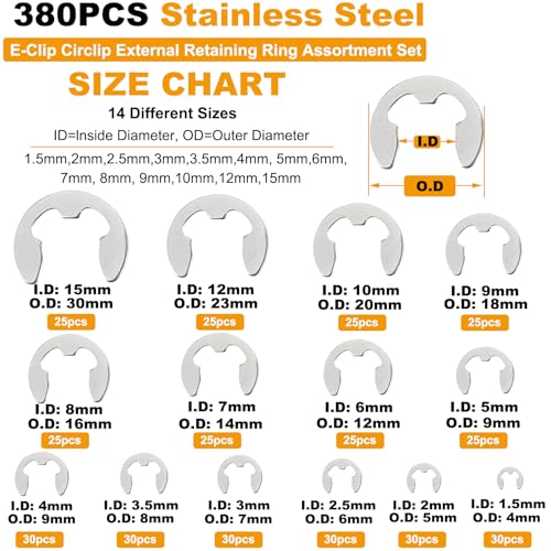 Toolly 380Pcs 304 Stainless Steel E-Clip Circlip External Retaining Ring Assortment Set, 14 Sizes