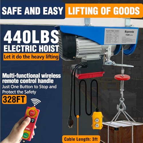 440lb Electric Hoist with Remote Control/Wired Control, Electric Hoist 2 in 1, 110v Electric Hoist with Single/Double Slings,65.6/33ft Lifting Height, for Factory Attic Garage Warehouse - color: Deep blue