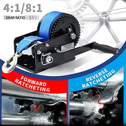 Boat Trailer Winch Hand Winch 3500lbs Heavy Duty Hook with 33ft (10m) Polyester Strap Hand Crank Winch, Two Way Ratchet Boat Winch for Trailer Truck ATV Boat (Pack of 2) - size: 3500lbs with Blue Polyester Strap (Pack of 2)