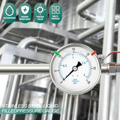 0-30PSI Stainless Steel Liquid Filled Pressure Gauge, 4" Dial Size, 1/4" NPT Back Mount, for Tube, Water Pump, Gas, Liquid, Pressure Test (with Range Mark Pointer) - size: 0-30 psi