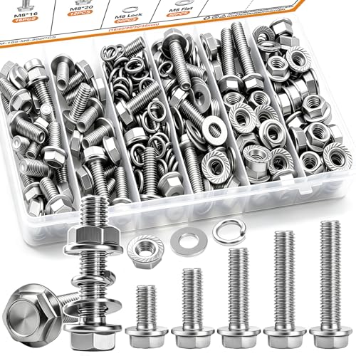 mankk 200PCS Flange Head Bolts Assortment Kit M8x1.25 Bolt (Length 16/20/25/30/35mm) Metric Bolt Stainless Steel Hex Head Bolts and Serrated Flange Nuts Kit Full Thread M8 Bolt - size: SS 200PCS M8 Kit