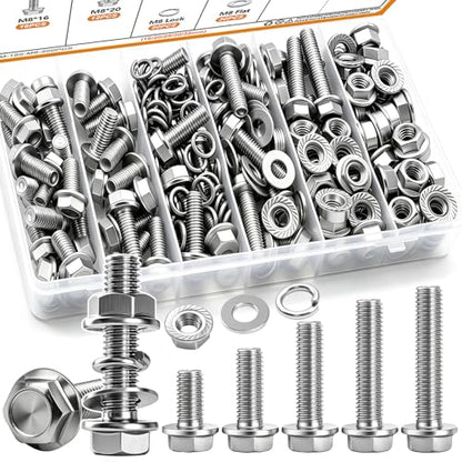 mankk 200PCS Flange Head Bolts Assortment Kit M8x1.25 Bolt (Length 16/20/25/30/35mm) Metric Bolt Stainless Steel Hex Head Bolts and Serrated Flange Nuts Kit Full Thread M8 Bolt - size: SS 200PCS M8 Kit