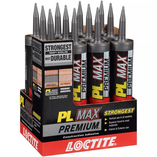 Loctite PL Premium Max Construction Adhesive, 9 fl oz Cartridge, 12 Pack - Versatile Construction Glue for Wood, Concrete, Stone & More - size: 12 Pack