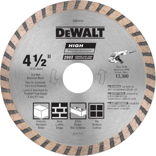 DEWALT Diamond Blade for Masonry, Dry Cutting, Continuous Rim, 7/8-Inch Arbor, 4-1/2-Inch (DW4725) (Pack of 10) - size: 1 Count (Pack of 10)