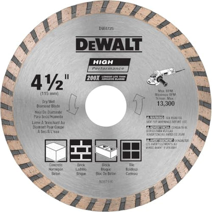 DEWALT Diamond Blade for Masonry, Dry Cutting, Continuous Rim, 7/8-Inch Arbor, 4-1/2-Inch (DW4725) (Pack of 10) - size: 1 Count (Pack of 10)