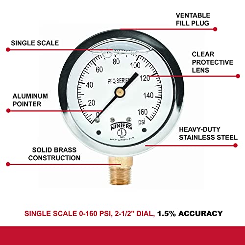 Winters 2-1/2" Dial Size, Liquid Filled Industrial Pressure Gauge, Brass Internals, 304 Stainless Steel Case, Single Scale 0-160 psi, 1.5% Acc, 1/4" NPT Bottom Mount, Glycerin Filled Pressure Gauge - style: 0/160 PSI